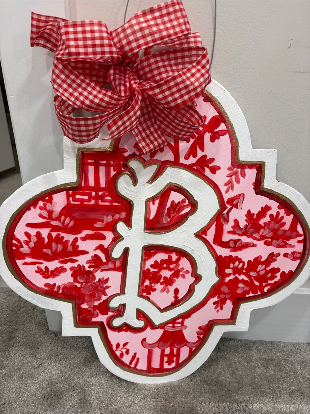 Monogram B hand painted Wall or door Plaque - Red pink white toile